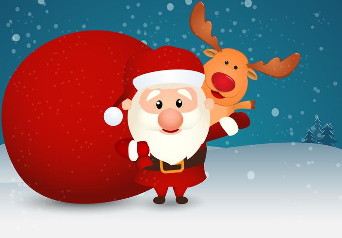 santa claus with reindeer and snowman vector