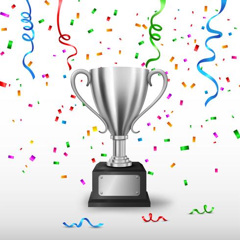 Realistic Silver Trophy with text space and falling confetti, Vector Illustration