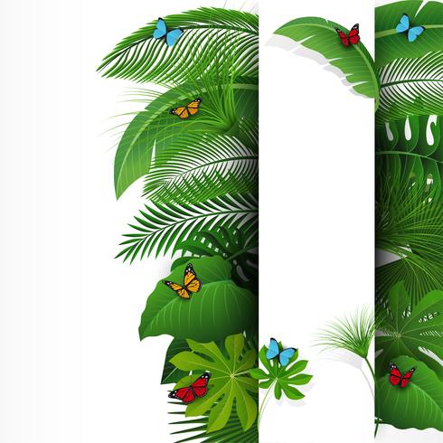 Sign with text space of Tropical Leaves and butterflies. Suitable for nature concept, vacation, and summer holiday. Vector Illustration