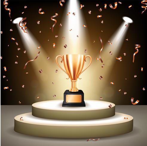 Realistic Bronze Trophy on stage with confetti falling and illuminated spotlights, Vector Illustration
