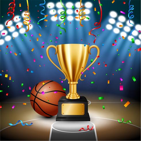 Campeonato de baloncesto con el Trofeo de oro con confeti que cae y foco iluminado, ilustración vectorial vector