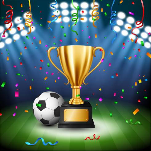 Soccer Championship with Golden Trophy with falling confetti and illuminated spotlight, Vector Illustration