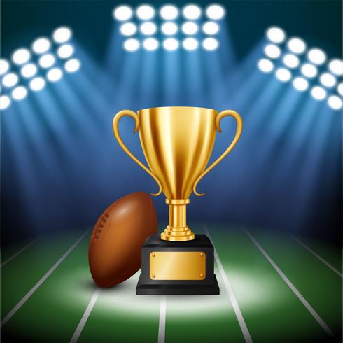American Football Championship with Golden Trophy with illuminated spotlight, Vector Illustration