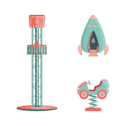 Conjunto de iconos de paseos del parque de atracciones de dibujos animados vector