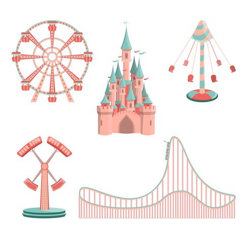 Conjunto de iconos de paseos del parque de atracciones de dibujos animados vector