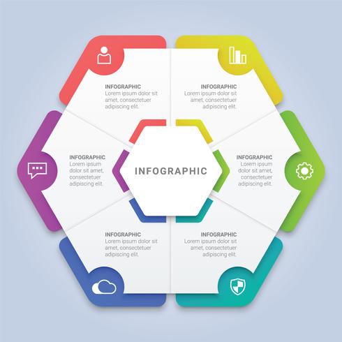 Plantilla de hexágono de infografía vectorial con 6 opciones para diseño de flujo de trabajo, diagrama, informe anual, diseño web vector