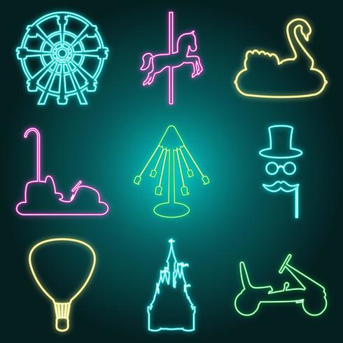 Neon style amusement park icon set vector