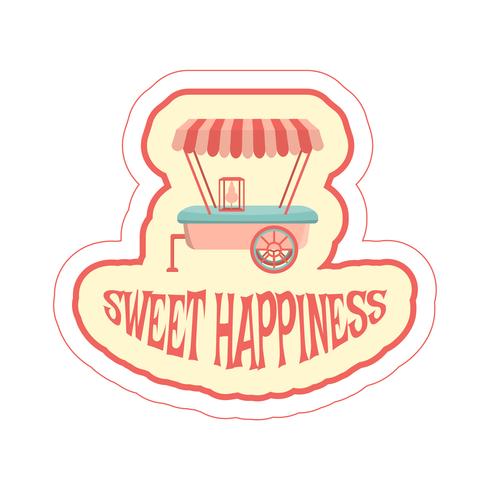 Sticker with cartoon food trailer and text. vector