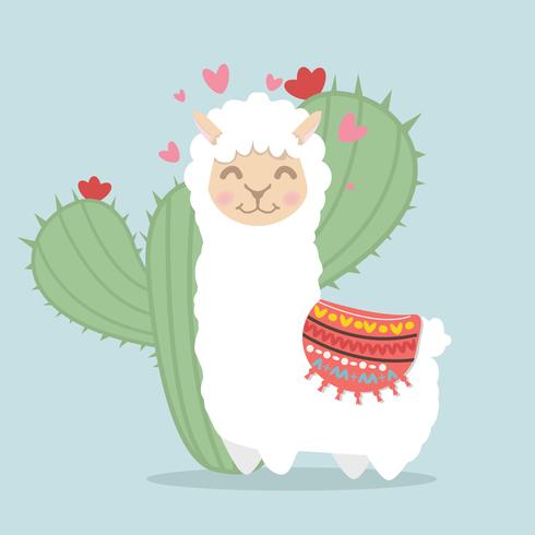 Alpaca de llama esponjosa con planta de cactus. vector