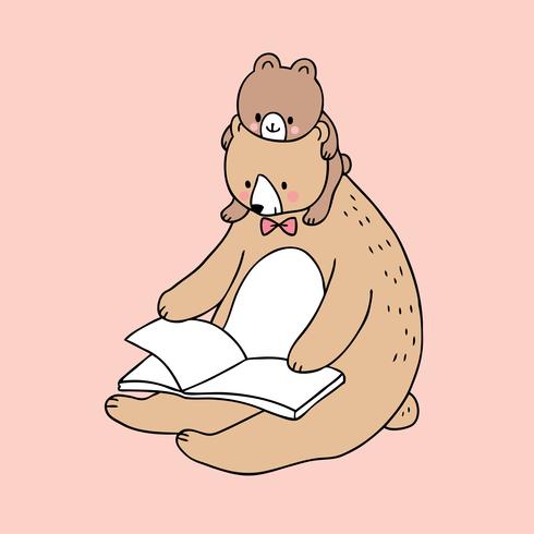 Cartoon cute dad and baby bear reading book vector. vector