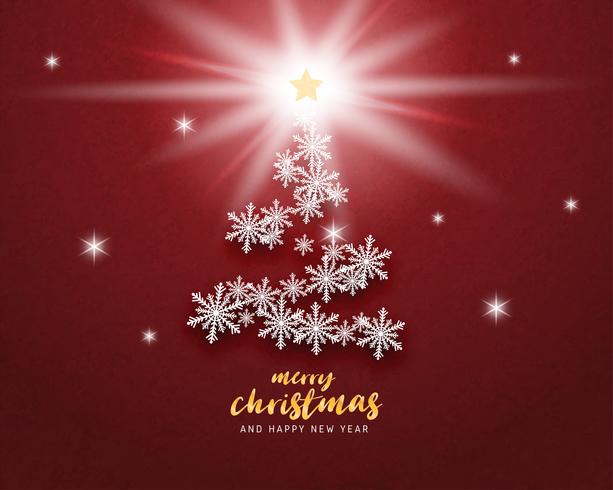 Merry Christmas and Happy new year greeting card in paper cut style background. Vector illustration Christmas celebration snowflakes on red background for banner, flyer, poster, wallpaper, template.