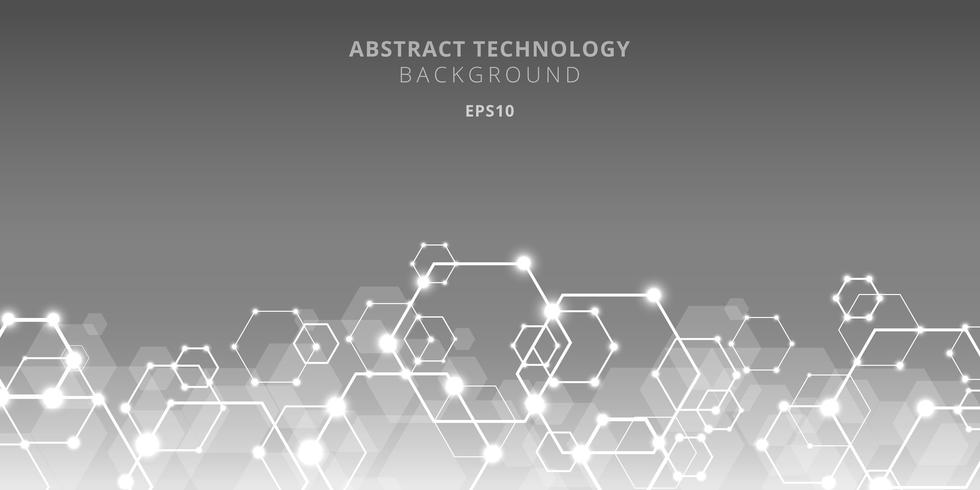 Resumen tecnología hexágonos patrón de red genética y social sobre fondo gris. Futuro plantilla geométrica de elementos hexagonales con nodos luminosos. Presentación de negocio para su diseño con espacio para texto. vector