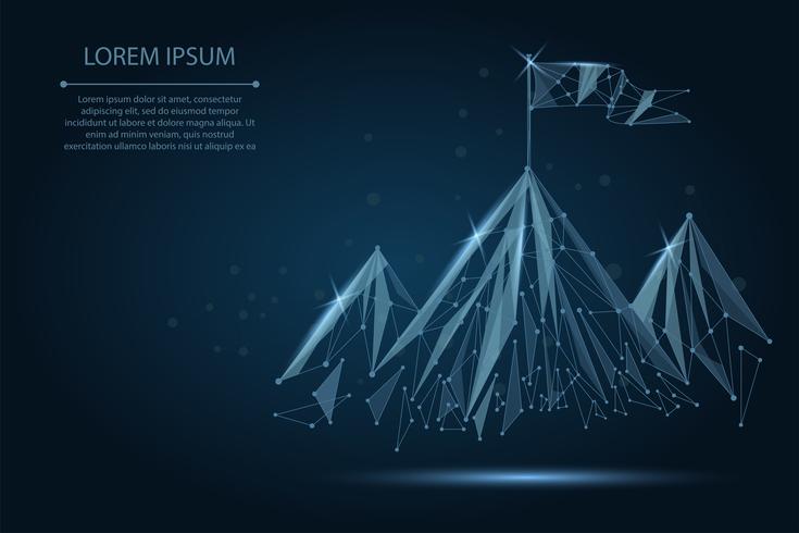 Low poly wireframe Flag on the top of mountain. Success in business, top or goal symbol vector