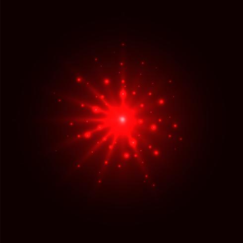 Abstract red glow light burst explosion with magic bright sparkle center and glitters around on dark background. vector