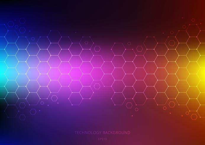 Abstract science and technology concept from hexagons pattern with node on vibrant color background. Structure molecule and communication. Science and medical. vector