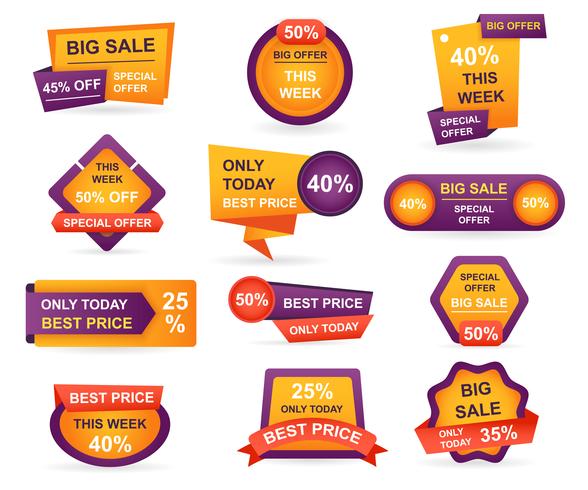 Set of retail sale tags. Stickers best offer price and big sale pricing tag badge design. Limited sales offer label or store discount banner card isolated. Shopping coupon. Vector illustration.