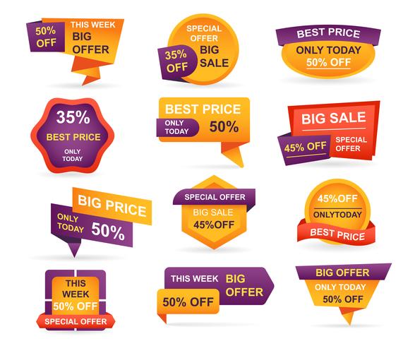 Set of retail sale tags. Stickers best offer price and big sale pricing tag badge design. Limited sales offer label or store discount banner card isolated. Shopping coupon. Vector illustration.