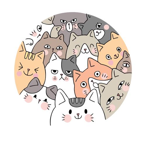 Cartoon cute face cats vector. Doodle circle frame. vector