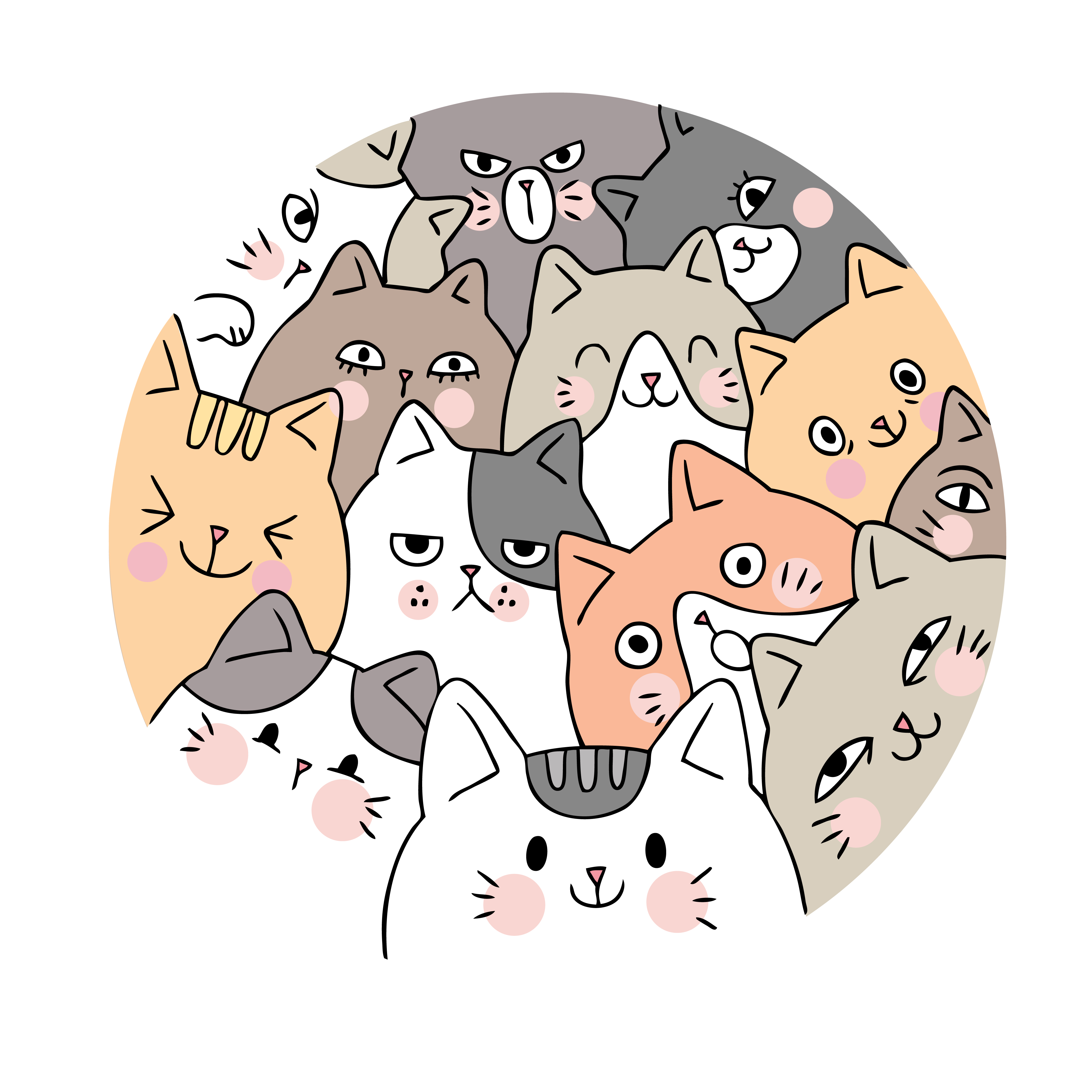 Cartoon cute face cats vector. Doodle circle frame. 621690 Vector Art