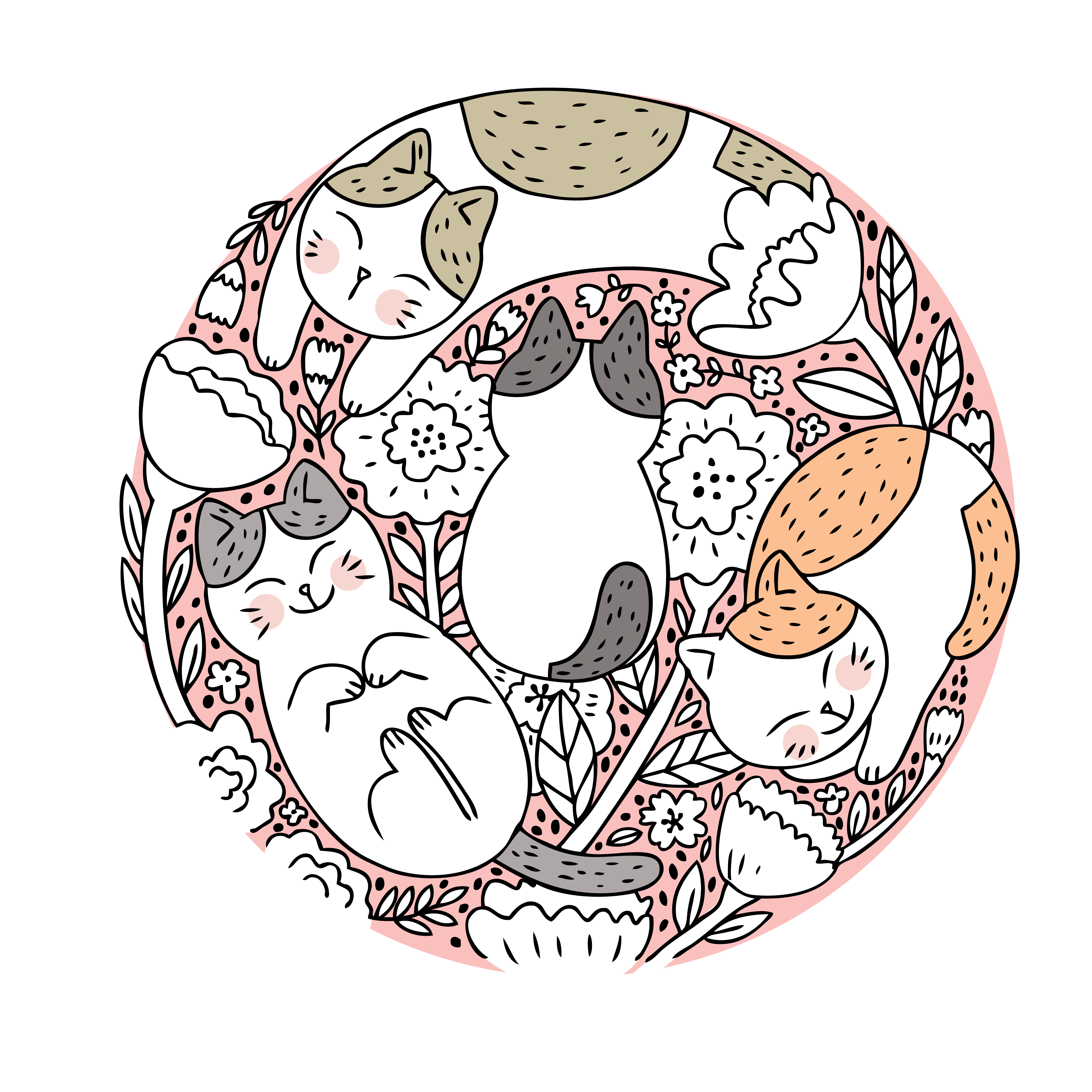 Download Cartoon cute cat and flora vector. Doodle circle frame. - Download Free Vectors, Clipart ...