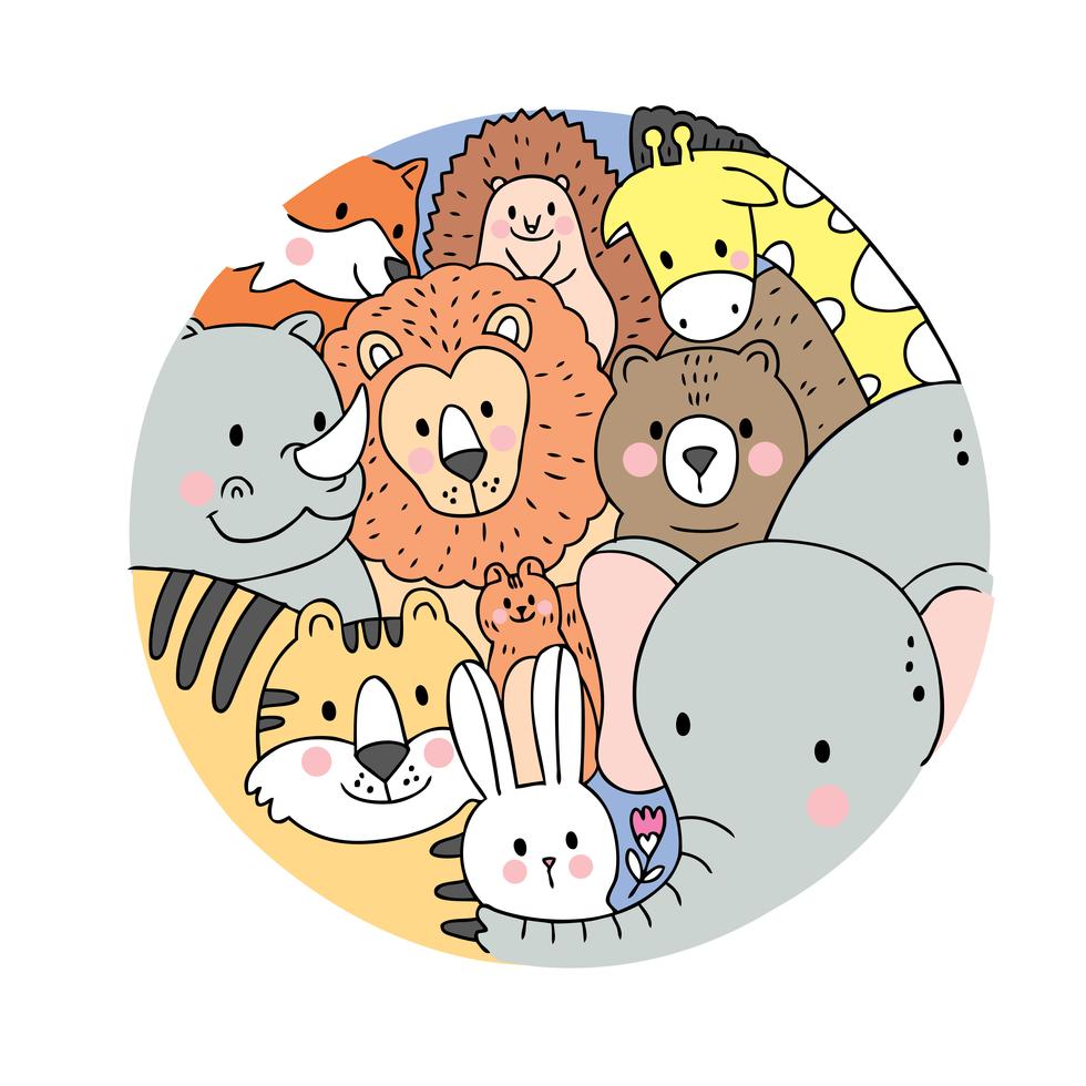 Cartoon cute face wildlife animals vector. Doodle circle frame. 621738