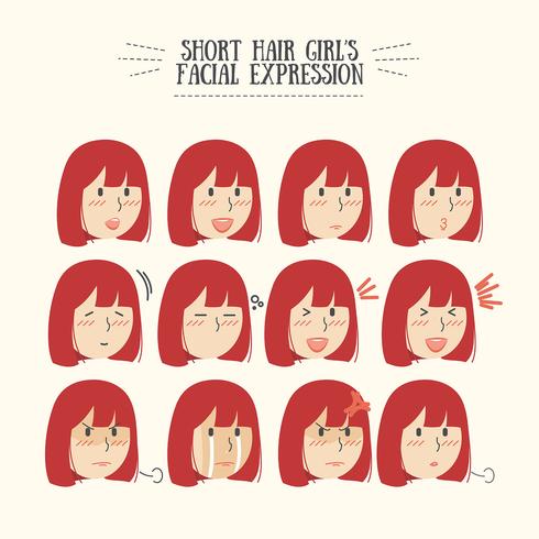 Lindo pelo corto rojo de Kawaii con varios juegos de expresión facial vector