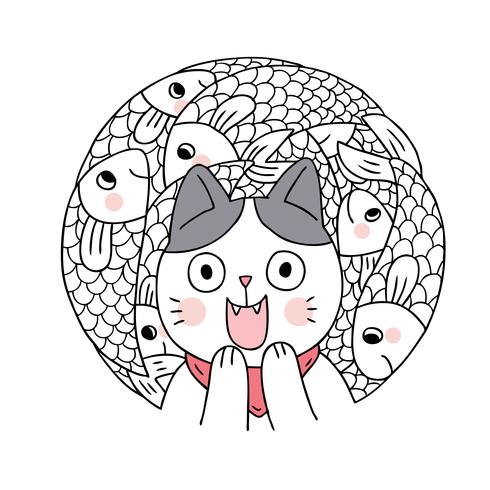 Cartoon cute cat and fish vector. Doodle circle frame. vector