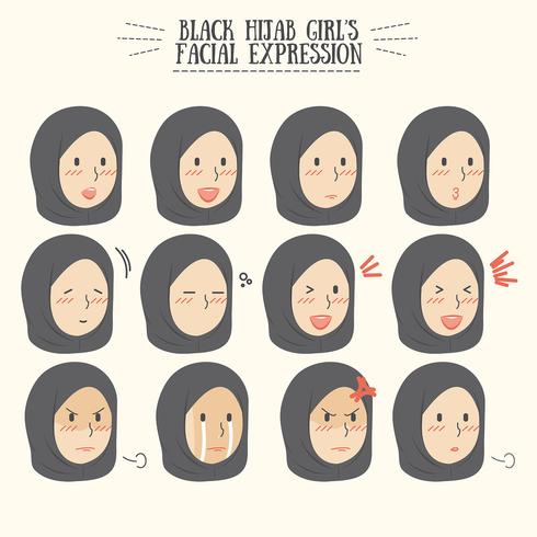 Linda Kawaii Black Hijab Girl con varios conjuntos de expresiones faciales vector