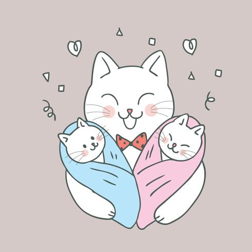 Cartoon cute cat dad and babies vector. vector