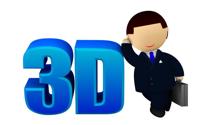 Cheerful businessman with a 3D sign vector
