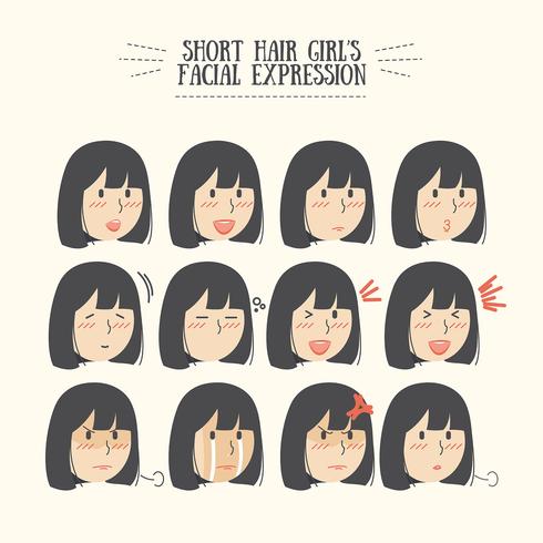 Conjunto de expresión facial de la linda niña de cabello negro Kawaii vector