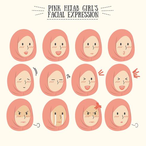 Conjunto de expresión facial de la linda niña Kawaii rosa Hijab vector