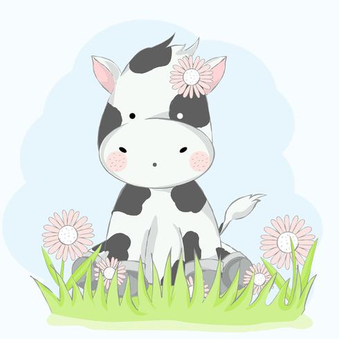 cute baby cow with flower cartoon hand drawn style.vector illustration vector