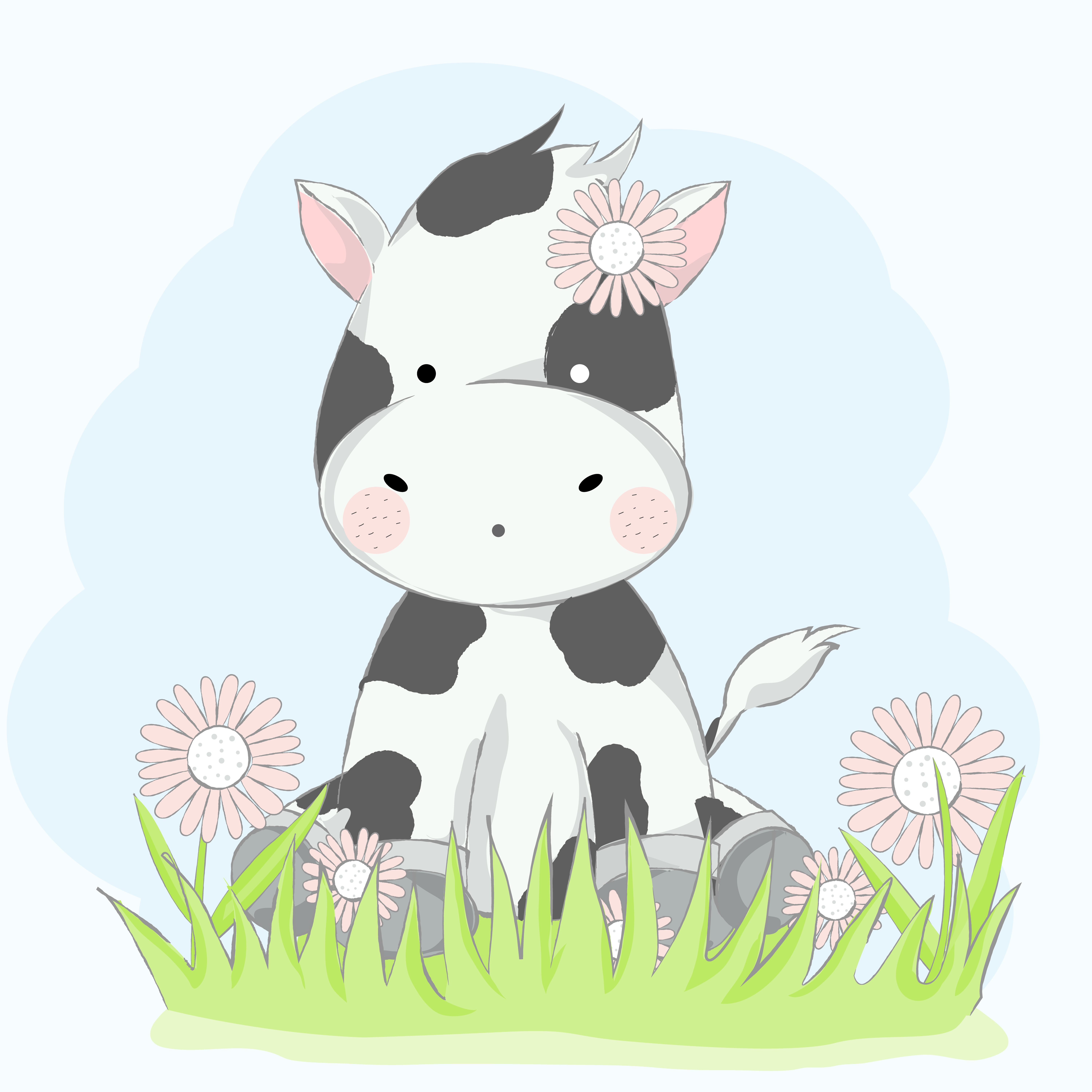 Download cute baby cow with flower cartoon hand drawn style.vector illustra...