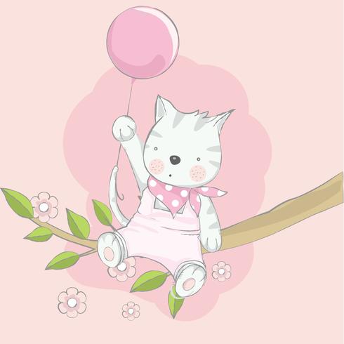 Gato lindo bebé con globo de dibujos animados a mano ilustración style.vector dibujado vector