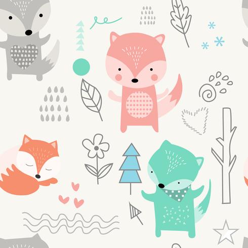 cute baby fox cartoon - seamless pattern vector