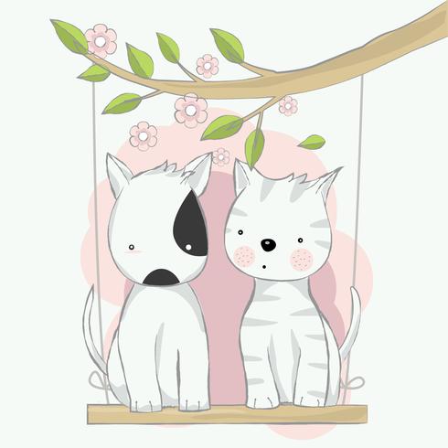 cute baby cat and dog swing cartoon hand drawn style.vector illustration vector