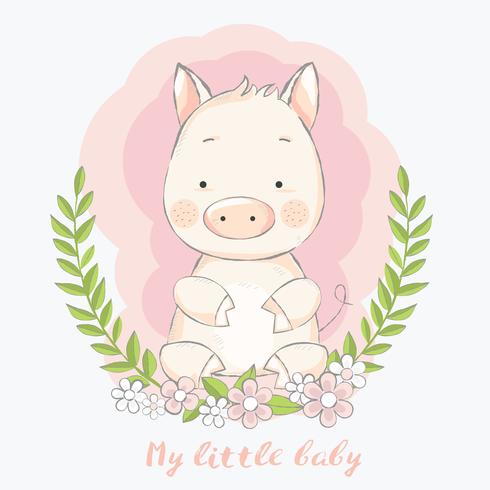 cute baby pig with flower border cartoon hand drawn style.vector illustration vector