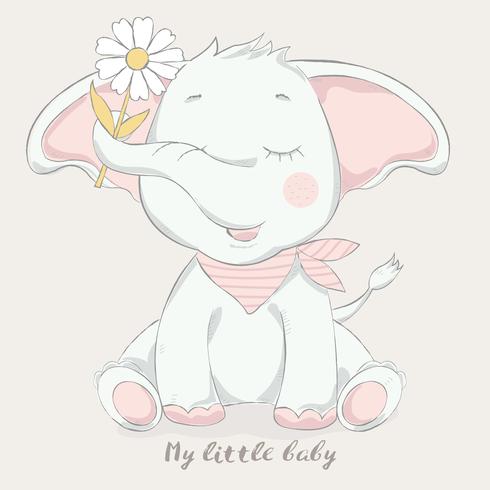 lindo bebé elefante con estilo de dibujos animados de flores vector