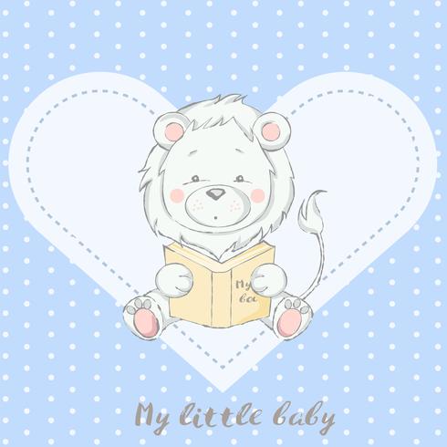 cute baby lion with book cartoon hand drawn style vector