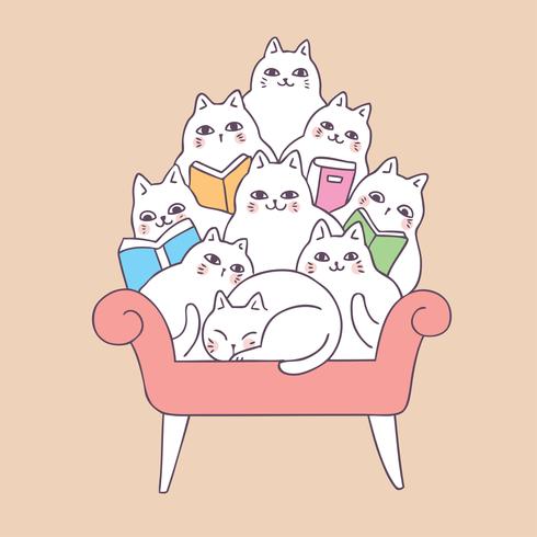 Cartoon cute cats reading on sofa vector. vector