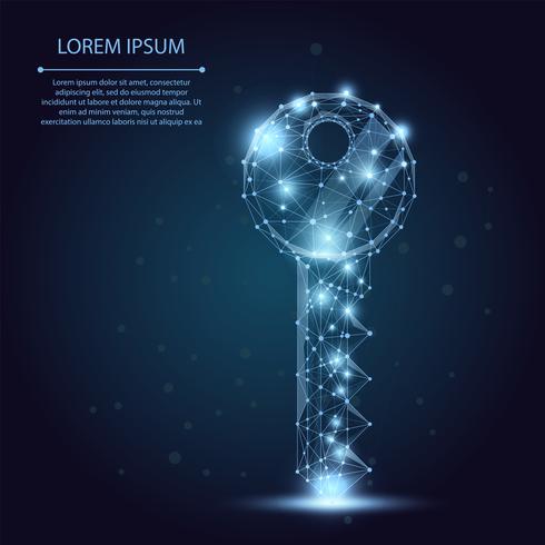 Polygonal wireframe mesh key on blue night sky with dots, lines and stars. Security or success vector illustration.