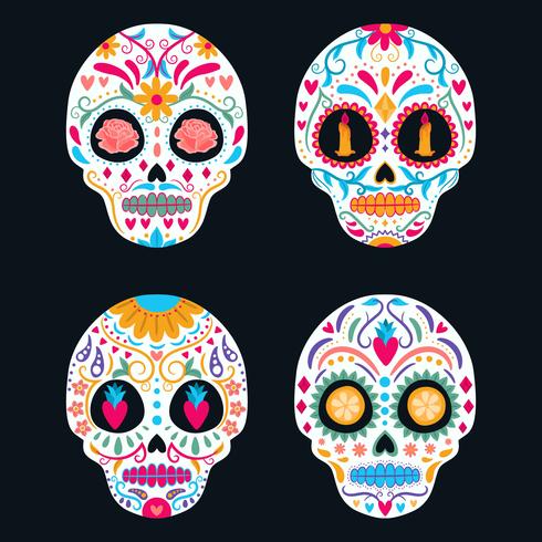 Conjunto del cráneo colorido del azúcar aislado. Día de los muertos, Día de los Muertos, pancarta / cartel con coloridas flores mexicanas, calavera, vela. Fiesta, cartel de fiesta, flyer de fiesta, tarjeta de felicitación divertida, plantilla vector