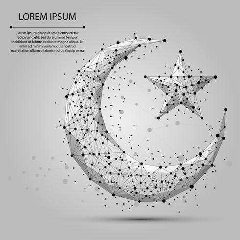 Línea de puré abstracta y punto de luna creciente. Ejemplo poligonal del wireframe del vector abstracto en fondo gris. Árabe, islámico, musulmán, ramadán de diseño.