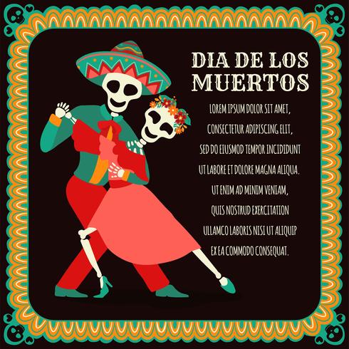 Dancing Skull / Skeleton. Día de los muertos, Día de los Muertos, estandarte con coloridas flores mexicanas. Fiesta, cartel de fiesta, folleto de fiesta, tarjeta de felicitación divertida - Ilustración vectorial vector