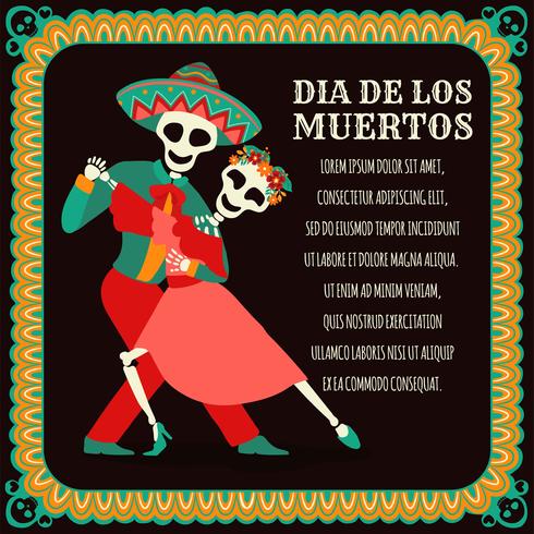 Dancing Skull Skeleton. Day of the dead, Dia de Los Muertos, banner with colorful Mexican flowers. Fiesta, holiday poster, party flyer, funny greeting card - Vector Illustration