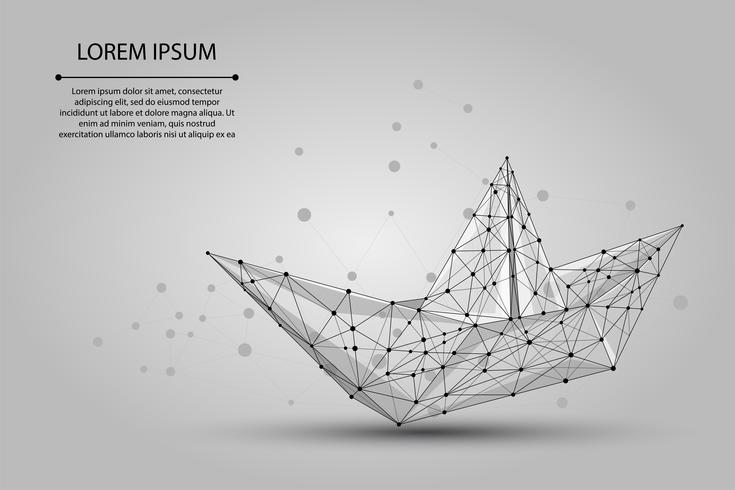 Polygonal wireframe mesh Origami boat from dots lines and stars. Vector Paper ship illustration