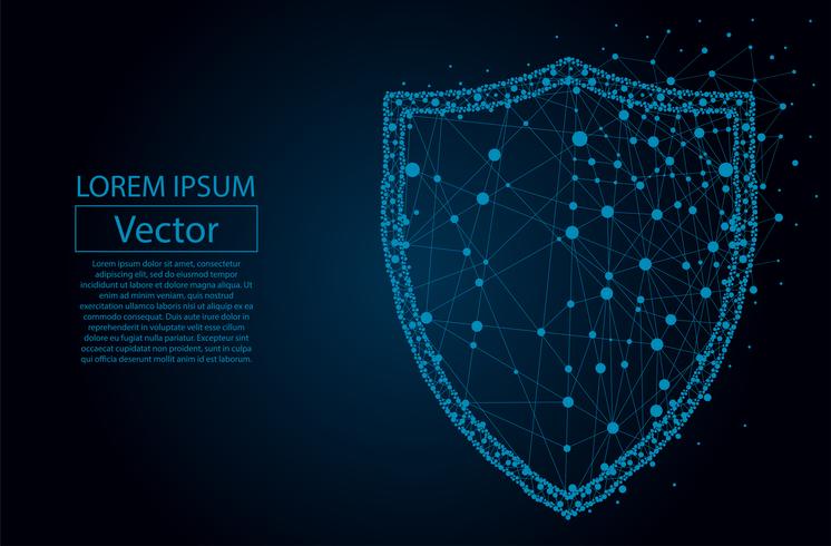 Security Shield composed of polygons. Business concept of data protection. Low poly vector illustration of a starry sky or Comos. The shield consists of lines, dots and shapes