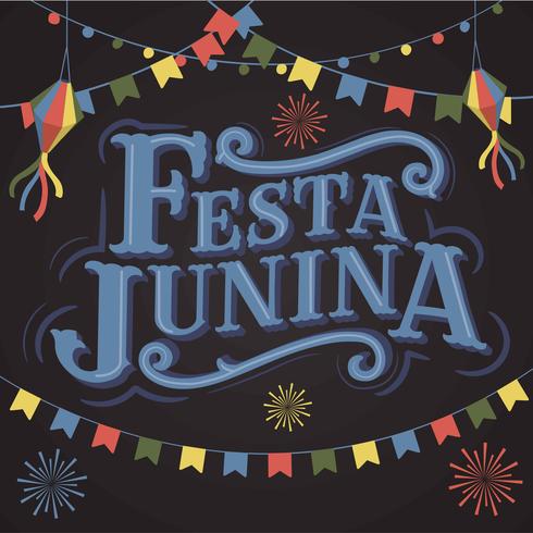 Fondo clásico de las letras de la fuente del vintage de la escuela vieja de Festa Junina con el cartel de las banderas del partido, la linterna de papel y el fuego artificial. Vacaciones de junio en Brasil. Vector Banner - Ilustración