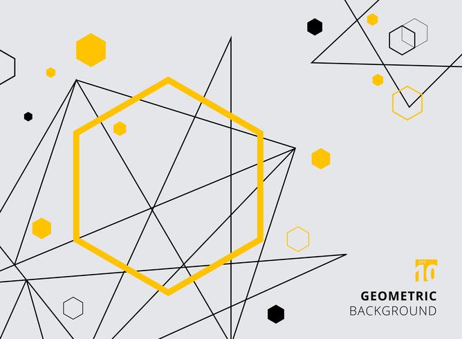 Abstract yellow and black geometric hexagon with lines on gray background. vector